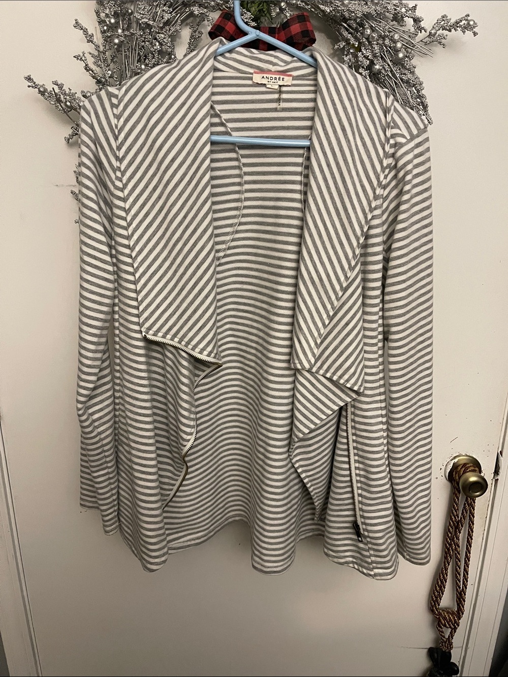 Andree Gray & White Striped Draped Open Cardigan